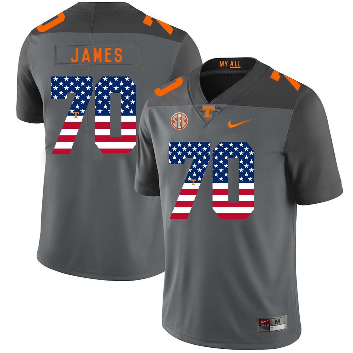 Men Tennessee Volunteers 70 James Grey Flag Customized NCAA Jerseys